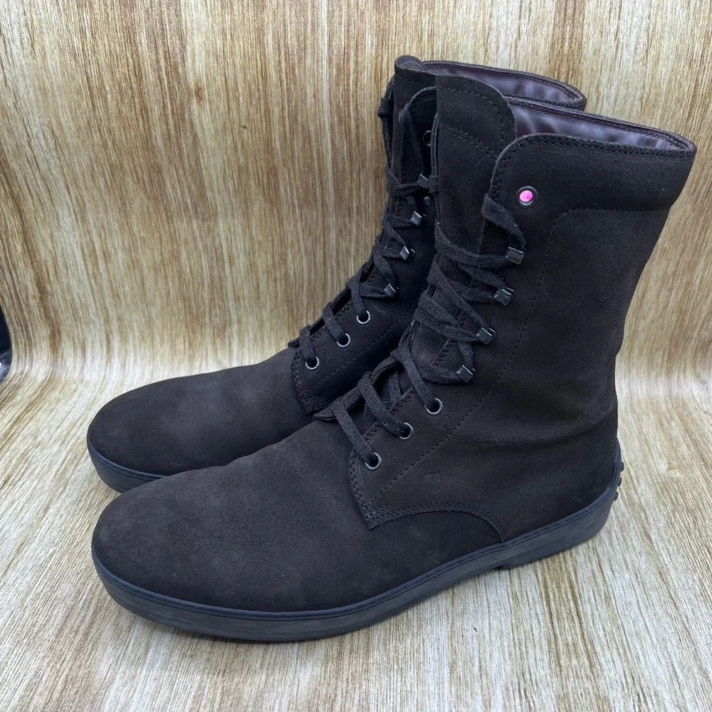 Tod's Combat Field Boots Men's Size 9 Dark Brown Suede Leather Lined Italy